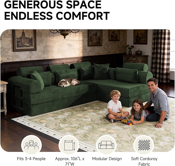 106” Cloud Sectional Couch L-Shaped Sofa with Right Facing Chaise Corduroy Boneless Couches Compressed Modular Sectional Sofa with Deep Seat High Backrest Headrest (Green)