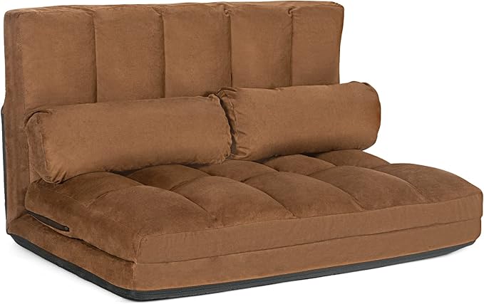 KOMFOTT Adjustable Floor Sofa Bed Foldable Lazy Sofa Sleeper Bed with 6 Position Backrest & 2 Pillows Convertible Futon Couch Bed with Suede Cloth Cover Lounge Recliner for Living Room (Coffee)