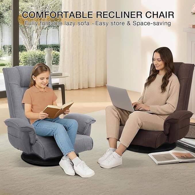 Linen Fabric Ergonomic Gaming Chair 6-Position Reclining Sofa Bed with Lumbar Support Foldable Floor Lounger with Thick Cushion Armrests & Side Pockets for Esports Reading Napping (Brown)