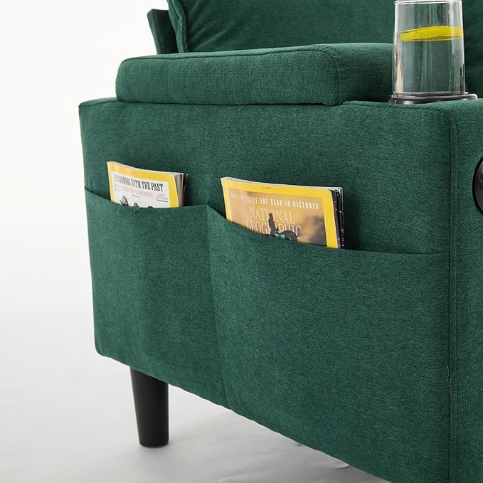 (New) 3 Seater Couch with Ottoman Grey Couch with Removable Pillows Chenille Sofas with USB Cup Holders Side Pockets L Shaped Sofa for Living Room Apartment (Green)
