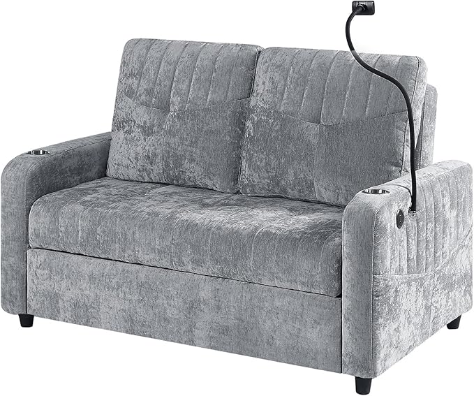 Modern Loveseat Pull-Out Sofa Bed Chenille Sleeper Sofa Couch with Adjustable Backrest 2 Cup Holders Phone Holder 3 Charging Ports and Side Storage Pockets for Living Room (Grey)