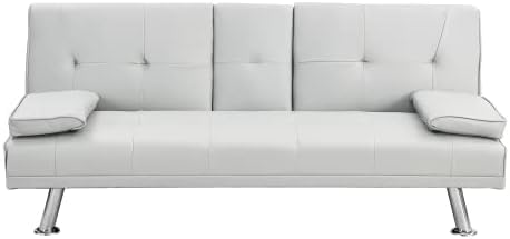 Modern Futon Sofa Bed 67 Inch Leather Convertible Futon Couch Loveseat Sleeper for Small SpacesComfy Folding Recliner Couches for Living Room Adjustable Backrest2 Cup HoldersMetal Legs (WHITE)