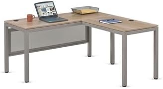 NBF Reversible L-Shaped Executive Office Desk - Durable Espresso Laminate Computer Desk with Steel Frame - At Work Modern Desk with 3 Grommet Holes - 60 W x 60 D W Office Work Desk (Tan)