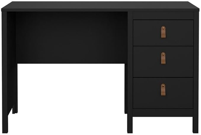 Pemberly Row Home Office Writing Desk 47 in Engineered Wood Black Matte Paper Foil Finish 3 Storage Drawers with Metal Glides 2 Hardware Options Sleek Workspace for Home or Office Use