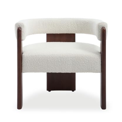 Modern Barrel Accent Chairs Set of 2 Cozy Upholstered Beige Boucle Living room Chair for Bedroom Solid Walnut Wooden Armchair Vintage Lounge Reading Chair for Apartment Waiting Room Office