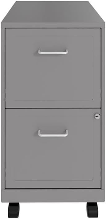 Pemberly Row 18 2-Drawer Metal Mobile Filing Cabinet Arctic Silver Finish Locking Design with Easy Roll Casters Stylish Embossed Fronts Compact Vertical Storage for Small Office or Home Office