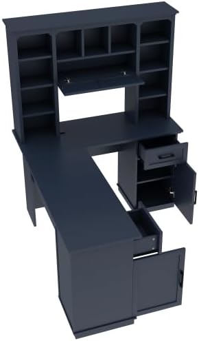 Bellemave L-Shaped Computer Desk with Drawers Hutch and Bookshelf Home Office Desk Corner Gaming Computer Desk with Power Outlet Study Table Writing Desk Antique Blue