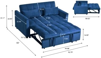 Modern Velvet Sofa Bed with 3-Level Adjustable Backrest &amp Included Pillows Pull Out Convertible Sleeper Chair with High Density Foam for Small Spaces (Blue)
