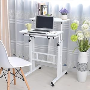 DlandHome Mobile Standing Desk Stand Up Desk Rolling Desk Stand Sit Desk Mobile Computer Desk Adjustable Standing Desk 23.6inches Table Workstation Mobile Desk Cart Tray White