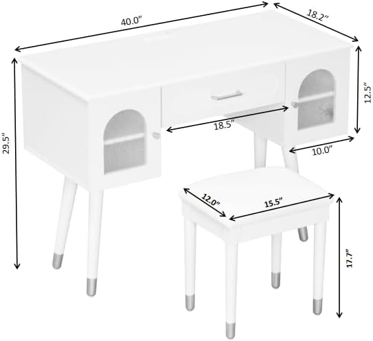 Merax Modern Desk Computer Desk with Stool Elegant Frosted Glass Doors Writing Desk with 1 Compartment Storage Drawer &amp 2 Cabinets &amp Charging Port for Home Office White