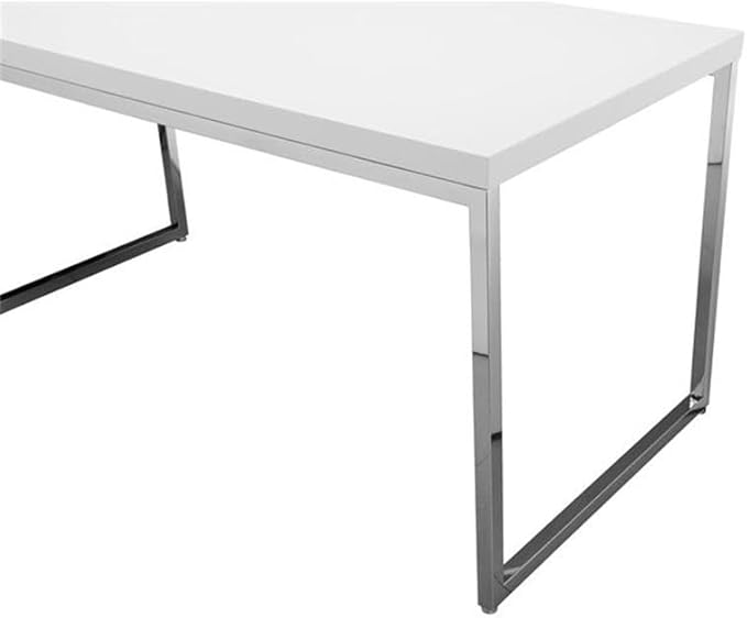 Pemberly Row Modern Writing Desk Gloss Lacquer Finish High Polished Steel Frame White 59 in x 30 in x 30 in Rectangular Design Stylish Desk for Home Office or Workspace