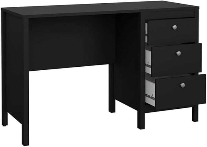 Pemberly Row Home Office Writing Desk 47 in Engineered Wood Black Matte Paper Foil Finish 3 Storage Drawers with Metal Glides 2 Hardware Options Sleek Workspace for Home or Office Use