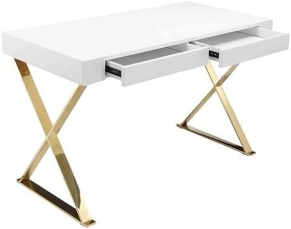 Pemberly Row Modern Writing Desk 47 in x 24 in x 30 in High Gloss Lacquer Finish White and Gold High Polished Steel Legs 2 Drawers Rectangular Home Office or Study Room Furniture