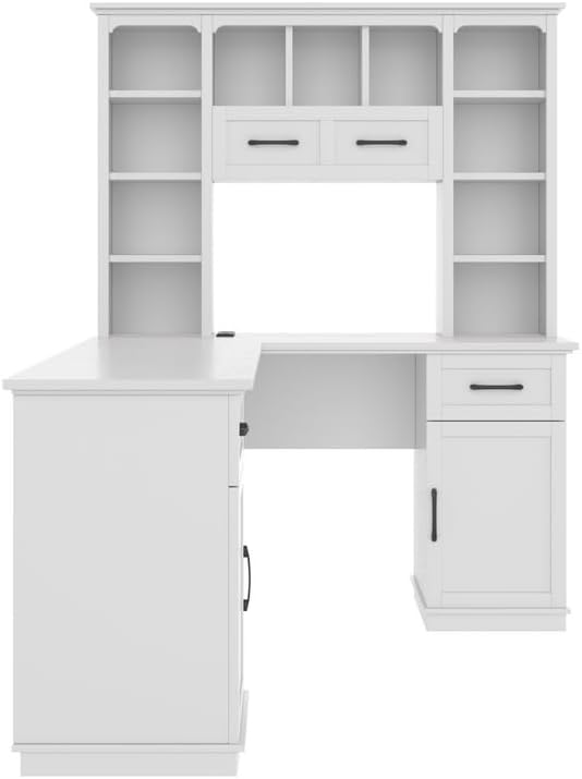 Polibi L-Shaped Computer Desk with Storage - 2-in-1 Design with 2 Drawers and 2 Cabinets 11 Open Shelves &amp Power Outlet for Home Office Study Room White
