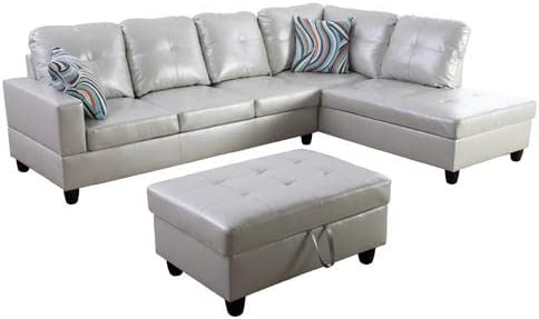 Leather Sectional Sofa SetL Shaped SofaSectional Sofa for Living Room Living Room Furniture Sets Apply to Apartment and Home(Leather Sectional Couch+Hydraulic Rod Ottoman) Powder