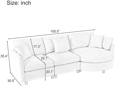 kevinplus 105.5'' Sectional Sofa Couch for Living Room Modern Contemporary 3-Seat Upholstered Sectional Couch Sofa with Curved Seat for Apartment Home Office Chenille Fabric Beige