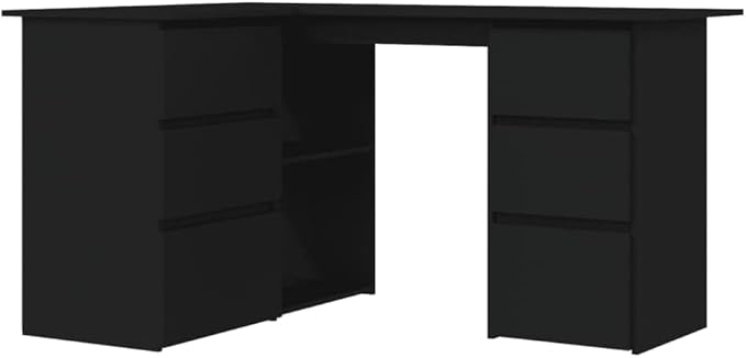 L-Shaped Writing Desk Corner Computer Desk with Drawer and Shelves 57.1in Study Table Workstation for Home Office Multipurpose PC Laptop Table Work Table Office Desk (Black)