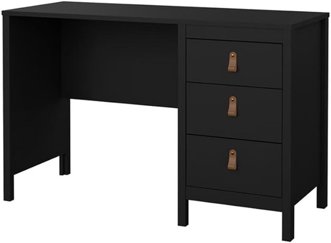 Pemberly Row Home Office Writing Desk 47 in Engineered Wood Black Matte Paper Foil Finish 3 Storage Drawers with Metal Glides 2 Hardware Options Sleek Workspace for Home or Office Use