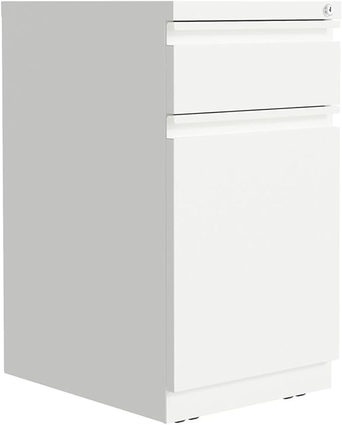 Pemberly Row Mobile Pedestal Filing Cabinet 20 D White Metal 2-Drawer with Backpack Drawer Hidden Casters Ball-Bearing Slides Core-Removable Lock Commercial Grade Office Storage