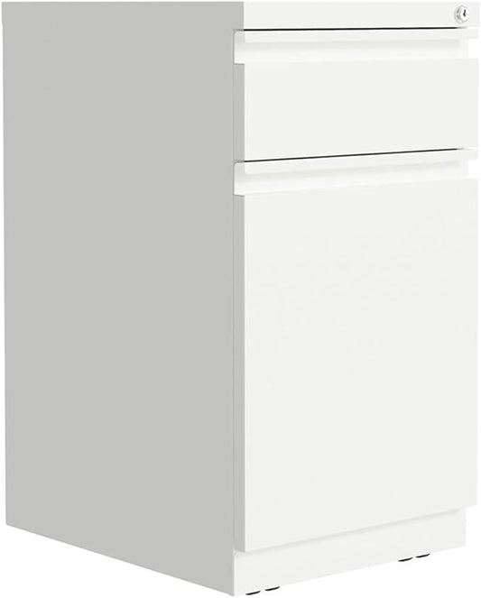 Pemberly Row Mobile Pedestal Filing Cabinet 20 D White Metal 2-Drawer with Backpack Drawer Hidden Casters Ball-Bearing Slides Core-Removable Lock Commercial Grade Office Storage