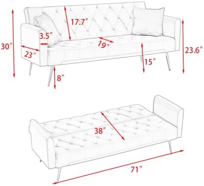 71 Convertible Velvet Futon Sofa Bed Loveseat with Multiple Adjustable BackrestsModern Sleeper Couch with Golden Metal Legs for Living RoomApartmentOfficePink