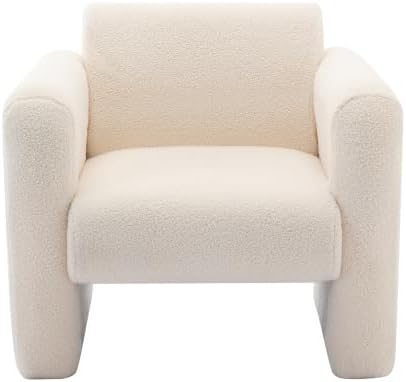 Modern Accent Chair Lambskin Sherpa Fabric Upholstered Comfy Reading Arm Chair Soft Padded Armchair with Back and Pillow for Living Room Bedroom Reception Waiting Room Office Cream