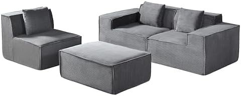 Harper Convertible Corduroy Sectional Couch with Ottoman &amp Pillows Modular L Shaped Sleeper Sofa Boneless Cloud Couch for Living Room Furniture Dark Grey