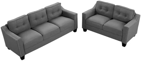 Eafurn 3-Piece Mid-Century Linen Upholstered Living Room Furniture Sets Include 3 Seater Sofa Loveseat Couches and Armchair with Tufted Back Cushions and Nailhead Trim for Living Room/Bedroom/Home
