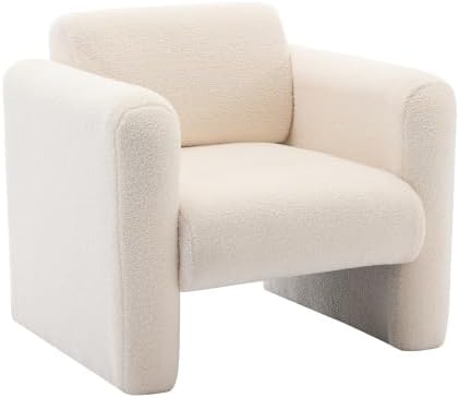 Modern Accent Chair Lambskin Sherpa Fabric Upholstered Comfy Reading Arm Chair Soft Padded Armchair with Back and Pillow for Living Room Bedroom Reception Waiting Room Office Cream