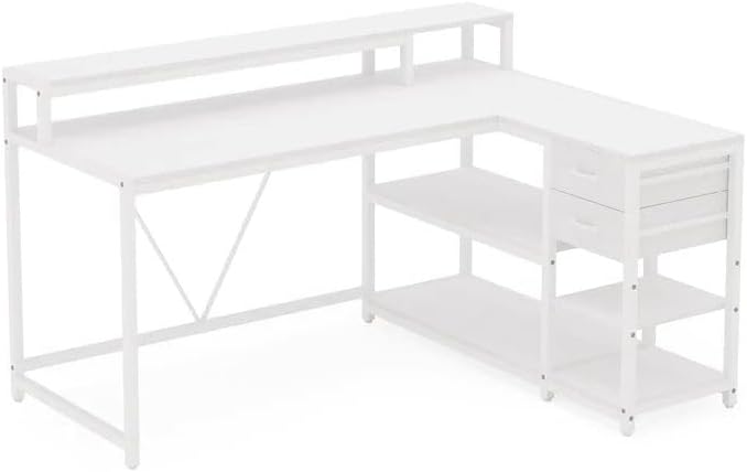 55 L Shaped Office Desk with Drawers &amp Storage Reversible Executive Office Desk with 4 Shelves Large Corner Computer Desk with Elevated Monitor Stand for Home Office Gaming (White)