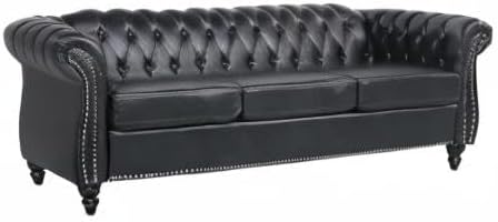 84 Chesterfield Couch PU Leather Modern Rolled Arm Tufted Back 3 Seater Sofa Upholstery Nailhead Trim Couches for Living Room Office (Black)
