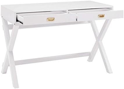 Riverbay Furniture Campaign Style Writing Desk 44 in x 20 in x 30 in White Finish Rose Gold Hardware 2 Drawers X-Framed Legs Sturdy Home Office Desk for Work and Study