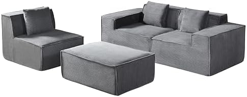 Harper Convertible Corduroy Sectional Couch with Ottoman &amp Pillows Modular L Shaped Sleeper Sofa Boneless Cloud Couch for Living Room Furniture Dark Grey