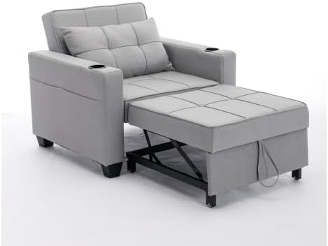 3-in-1 Convertible Sofa Bed with Adjustable Backrest &amp 2 Cupholders - Modern Sleeper Chair for Living Room/Office/Small Apartment (Light Gray)