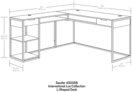 Pemberly Row L-Shaped Engineered Wood Desk Deco Stone Gray Finish 65.98 W x 60 D x 29.72 H Powder Coated Metal Frame Cord Management 2 Drawers Fixed Shelf Cubby Storage Home Office Desk