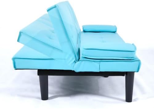 Futon Sofa Bed Modern Folding Couch for Small Space Faux Leather Convertible Loveseat Sleeper Bed Daybed Recliner Lounge Sofas for Living Room2 Cup HoldersMetal LegsRemovable Armrests (BLUE)