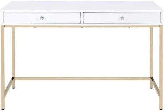 Wooden Desk with Metal Base - Modern Home Office Writing Table - White &amp Gold Finish