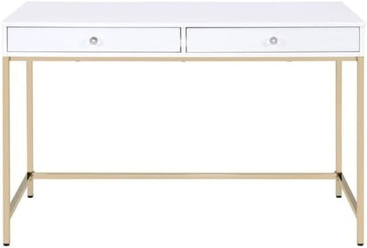 Wooden Desk with Metal Base - Modern Home Office Writing Table - White &amp Gold Finish