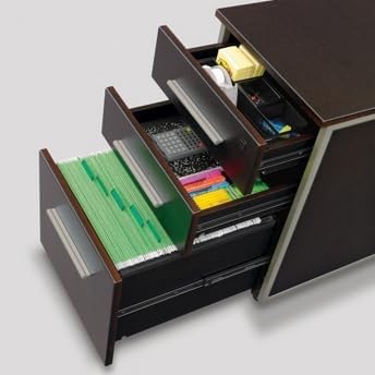 NBF Office Files Pedestal Cabinet - 3 Drawer File Cabinet with Lock - Brown Laminate Office Filing Cabinets - Modern Mobile File Cabinet Document Storage (26 H Espresso)