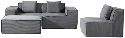 Harper Convertible Corduroy Sectional Couch with Ottoman &amp Pillows Modular L Shaped Sleeper Sofa Boneless Cloud Couch for Living Room Furniture Dark Grey