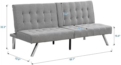 Convertible Futon Sofa Bed Modern 68'' Fabric Sleeper Couch for Living RoomGuest Bed Adjustable Backrest Upholstered Recliner Chair Loveseat for Compact Small Space Living Room (Gray New)