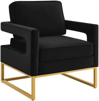 Accent Chair Upholstered for Bedroom: Velvet Living Room Chairs with Gold Metal Base and Open ArmrestBlack