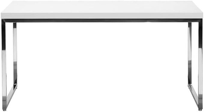 Pemberly Row Modern Writing Desk Gloss Lacquer Finish High Polished Steel Frame White 59 in x 30 in x 30 in Rectangular Design Stylish Desk for Home Office or Workspace