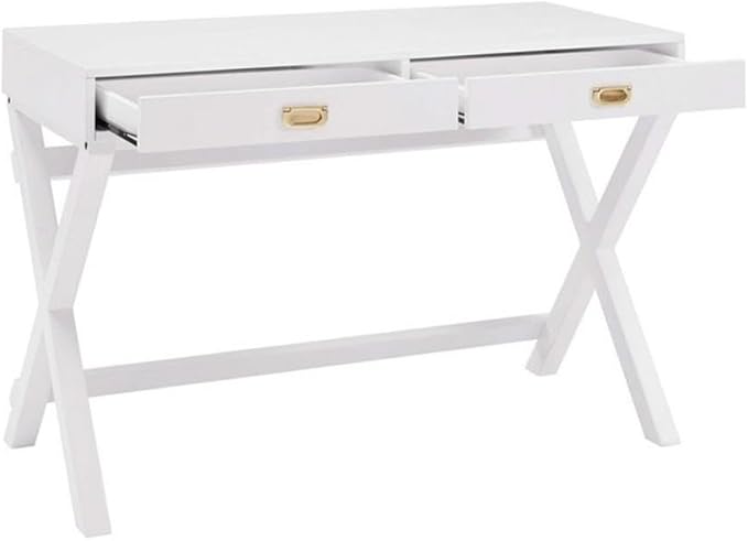 Riverbay Furniture Campaign Style Writing Desk 44 in x 20 in x 30 in White Finish Rose Gold Hardware 2 Drawers X-Framed Legs Sturdy Home Office Desk for Work and Study
