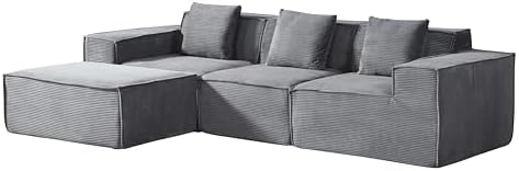 Harper Convertible Corduroy Sectional Couch with Ottoman &amp Pillows Modular L Shaped Sleeper Sofa Boneless Cloud Couch for Living Room Furniture Dark Grey
