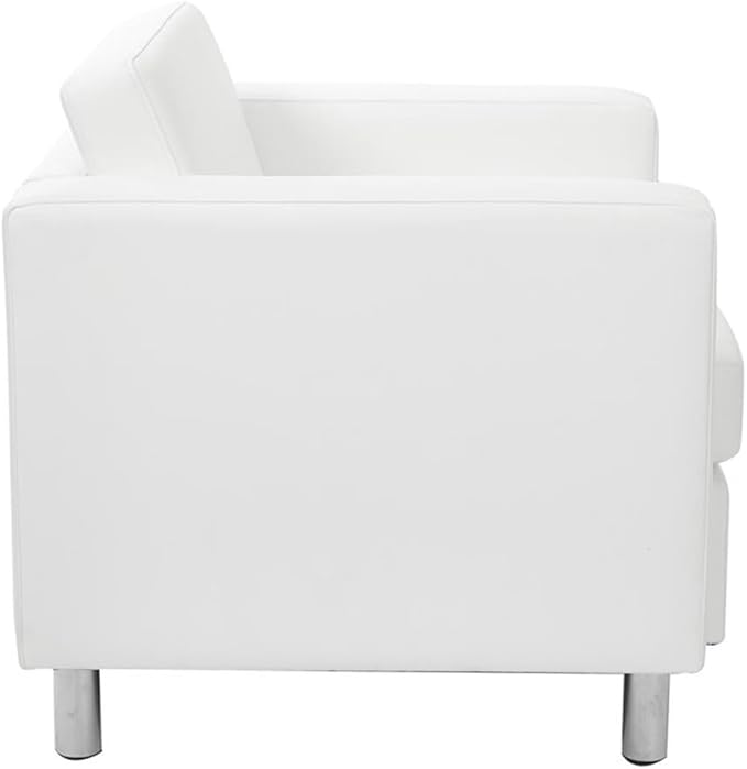 Pemberly Row Contemporary Faux Leather Armchair Snow White Vinyl Upholstery Silver Metal Legs Box Spring Seat 32 W x 30.5 D x 29.5 H Modern Guest Chair for Living Room or Office