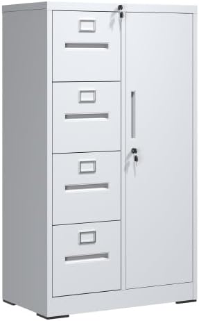 4 Drawer and 1 Door Metal File Cabinet with Lock Under Desk Locking Drawers Storage Cabinet Organizer Filing Cabinets for Home OfficeWhite-4Drawer-1Door