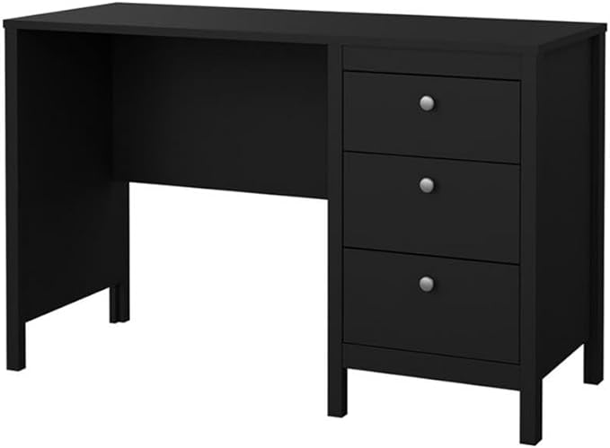 Pemberly Row Home Office Writing Desk 47 in Engineered Wood Black Matte Paper Foil Finish 3 Storage Drawers with Metal Glides 2 Hardware Options Sleek Workspace for Home or Office Use