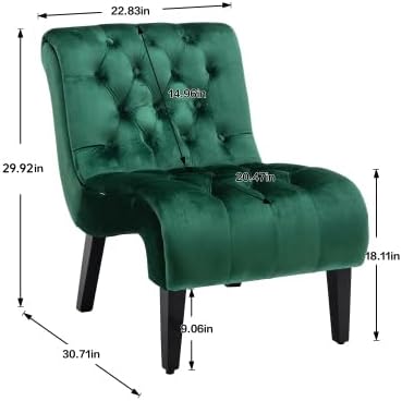 Accent Chair Living Room Reading Chairs Comfy Velvet Upholstered Mid Century Modern Accent Chair Tufted Back Armless Chair with Wooden Legs for Living Room Bedroom Office Green