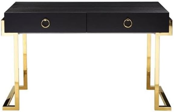 UrbanPro Writing Desk 50 in W x 24 in D x 30 in H Stainless Steel and Black Ash Veneer Gold Finish Handmade Furniture with Soft Close Drawers Modern Home Office Desk